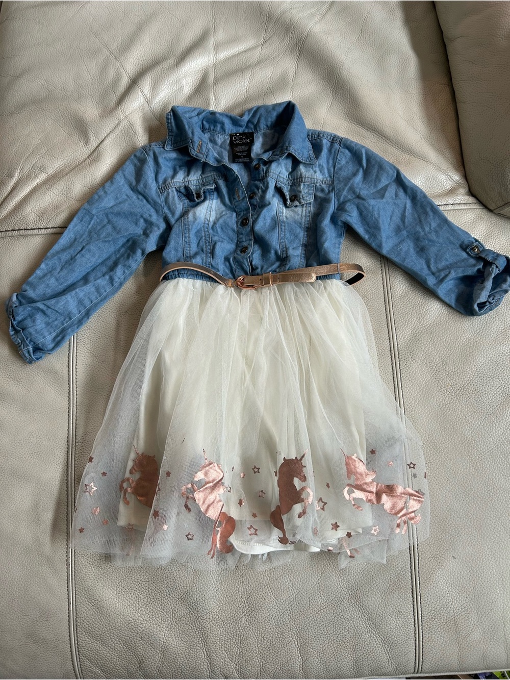 Girls Denim Jacket in Blue with Belted Tulle Unicorn Dress Overlay, Size 6